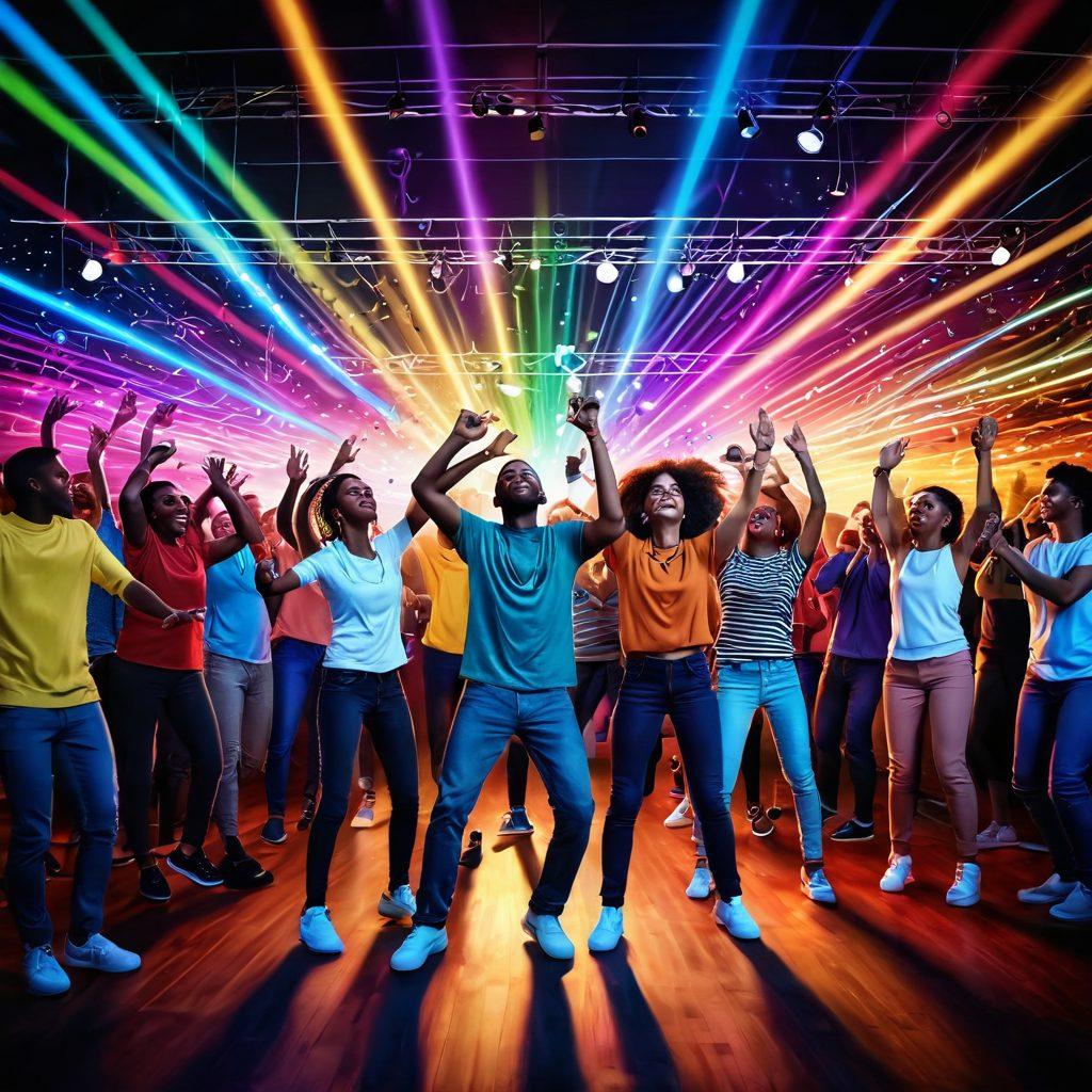 A lively dance floor filled with diverse people joyfully dancing, surrounded by colorful lights and festive decorations. In the foreground, a DJ mixing vibrant sound waves, emphasizing the energy of the music. Music notes and playlists floating in the air, symbolizing curation of festive tunes. The atmosphere exudes celebration and unity. digital art. vibrant colors. dynamic composition.