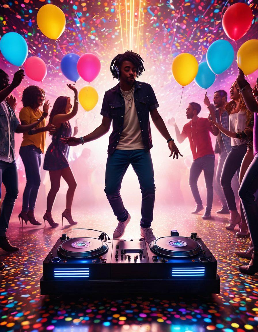 A vibrant party scene filled with people dancing joyfully under colorful lights, with a dynamic DJ at the center mixing music on a high-tech turntable. Balloons, confetti, and a disco ball reflect colorful patterns across the dance floor, capturing the electric atmosphere of a celebration. Energetic expressions and diverse group of friends enjoying the moment. vibrant colors. super-realistic. 3D.