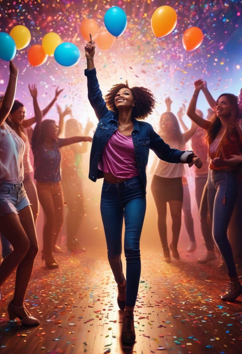 A vibrant scene of a lively party with diverse people dancing joyfully, colorful party lights illuminating the space, a DJ spinning upbeat music in the background, balloons and confetti floating in the air, capturing the essence of happiness and celebration. super-realistic. vibrant colors. dynamic composition.